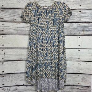 LuLaRoe Carly Dress XXS Blue Beige Geometric Hi-Low